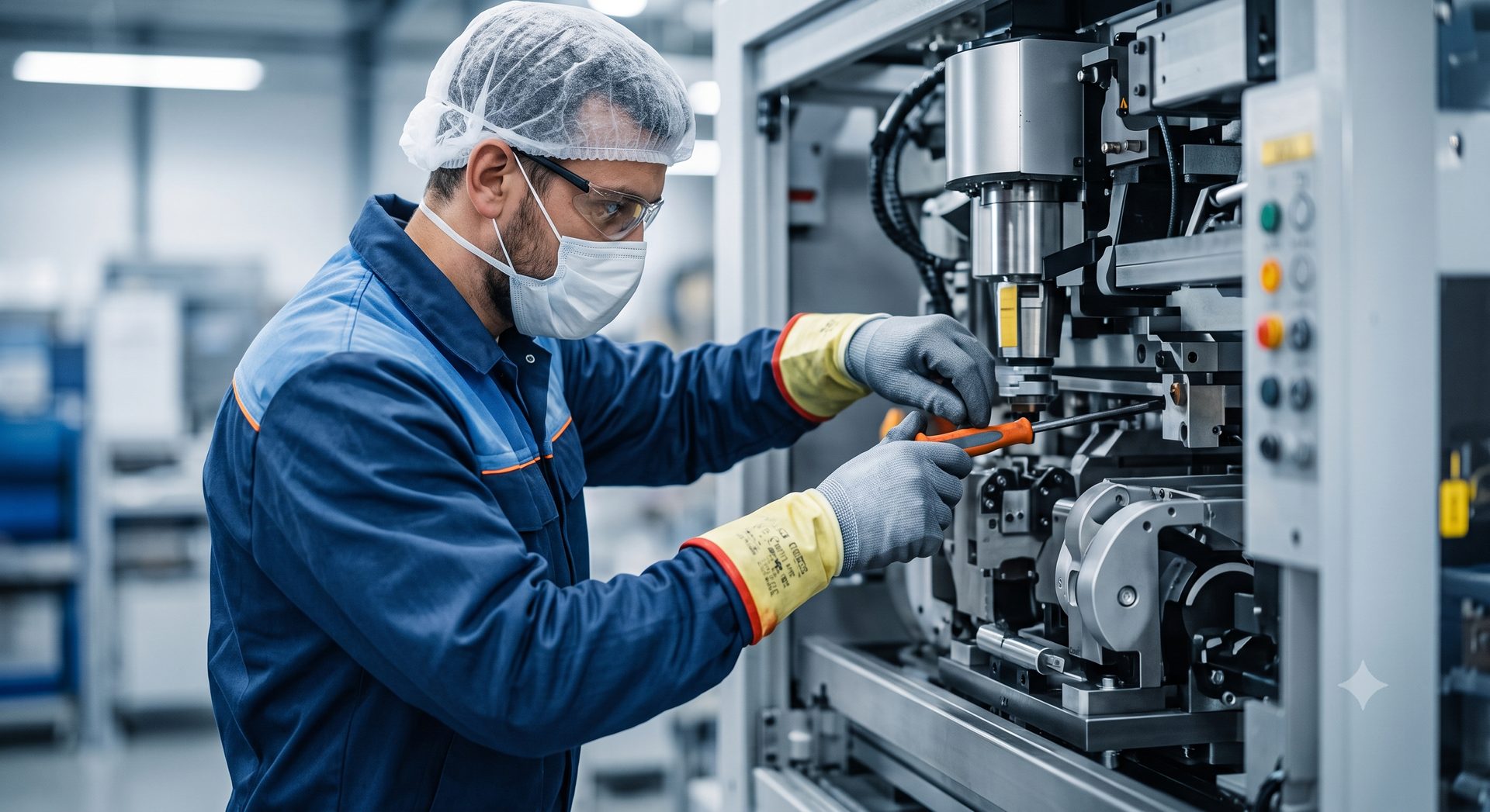 Technik serwisujący precyzyjną maszynę produkcyjną w hali czystej